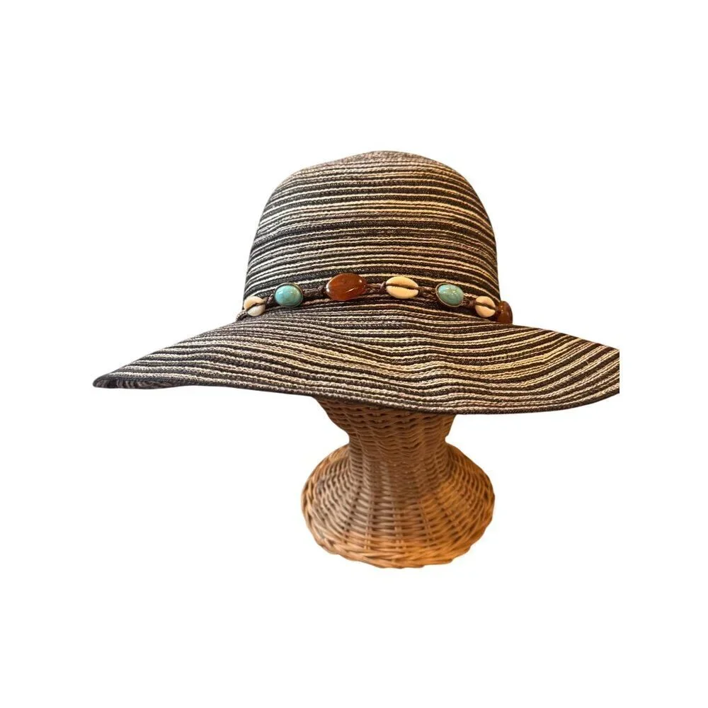 Kallina Black & Tan Striped Sun Hat With Beaded Band Women's One Size